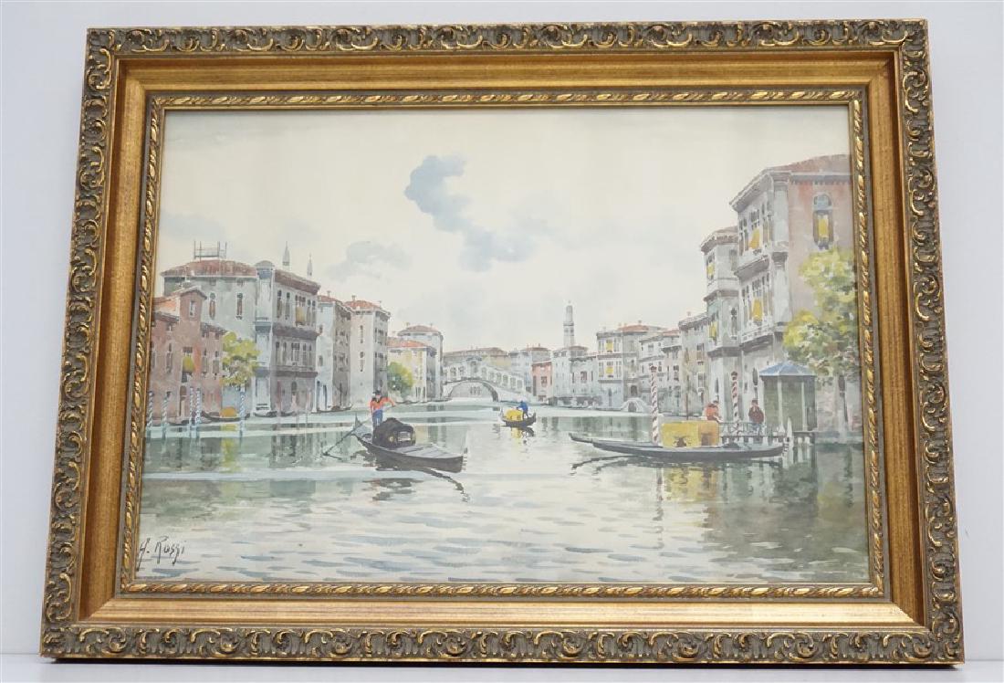ALBERTO ROSSI (1858-1936) VENICE WATERCOLOR: Original Alberto Rossi (1858-1936) Watercolor, Grand Canal, Venice Italy. Signed by the artist, lower left. Custom framed under glass in ornate giltwood frame. Alberto Rossi (1858-1936) was born in Tu