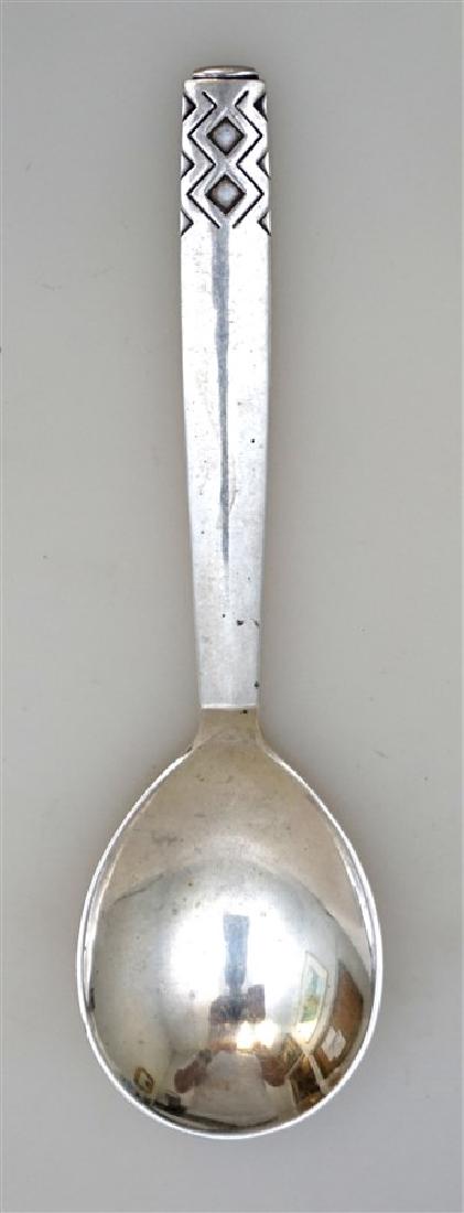 GEORG JENSEN STERLING MAYAN SPOON: Vintage 1937 Georg Jensen Sterling Silver Berry / Gumbo Spoon. Measures 6 1/2 long, Weight 55 grams.The pattern is Rune/Mayan from 1937 designed by Johan Rohde. Back engraved Martha, Jul 1945. With Ge