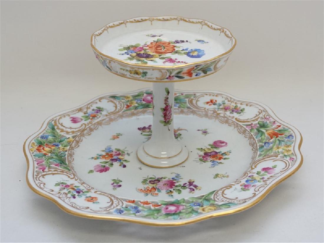 DRESDEN PORCELAIN HAND PAINTED CHEESE / TIDBIT: Dresden Porcelain Hand Painted Reticulated Cheese and Crackers / Tidbit. Perfect for Holiday entertaining or fill with petit fours or bon bons and give as a elegant hostess gift. Measures 11"x11"x5.25