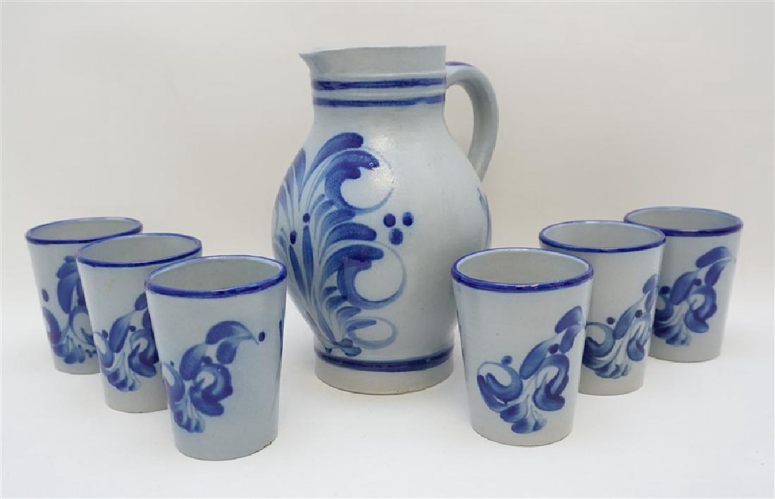 7 PC VINTAGE SALT GLAZED STONEWARE PITCHER & CUPS (1 of 8)
