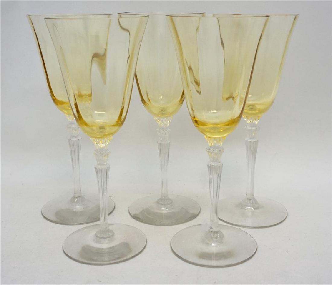 5PC VINTAGE YELLOW PANEL CRYSTAL GLASSES: 5 Elegant Era Yellow Paneled Tall Wine Glasses on clear Ribbed Stem. Good condition c. 1940s. Each 8.25" tall. Weight 2 pds 3 oz. PROVENANCE: A Private Charleston SC Estate