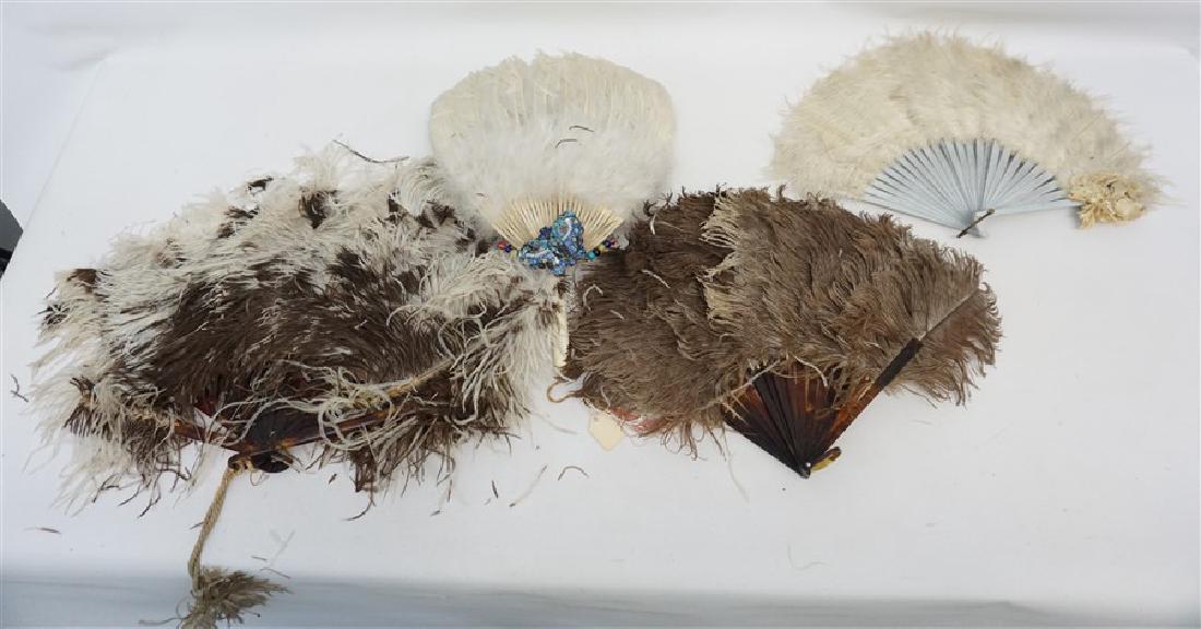4 ANTIQUE FEATHER FANS: Four Antique Victorian Feather Fans. 1- Wedgwood Blue Painted Wood Boa Feathers, Silk Bows 10" 2- Chinese with Bone Handle and Cloisonne Butterfly 14". 3- Faux Tortoise Shell Handle 11". 4- Faux Torto
