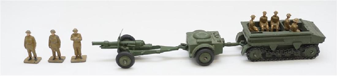 DINKY TOYS 162 FIELD GUN SET W CREW: Circa 1950 Dinky Toys No. 162, 18-Pounder Quick-Firing Field Gun Set. Complete with 8 military crew / personnel. These sets were produced from 1939 to 1954. Set contains 162 Light Dragon Tractor, Ammu