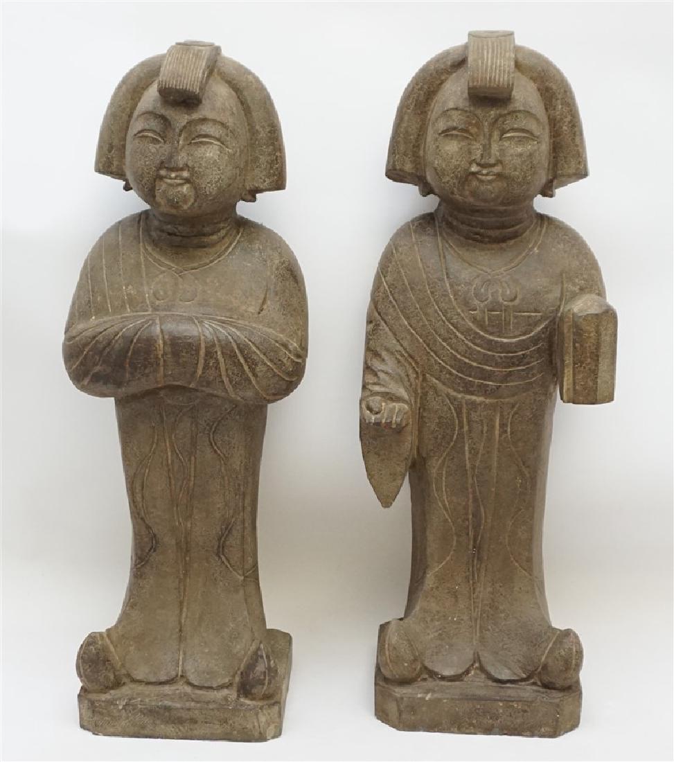 PAIR LARGE CHINESE STONE CARVINGS COURT LADIES (1 of 7)