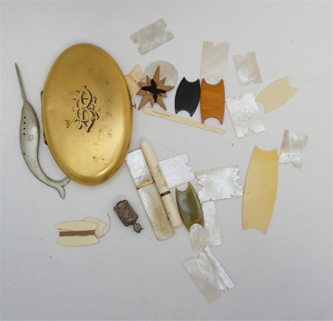 ANTIQUE SEWING LOT NARWHAL MOP +: 1- 19 Thread Winders, MOP, Ivorine, Wood & Bakelite. 2- MOP Needle Case, hairline one side. 3- Rare Old 1910 Whale Art Co. St. Louis Narwhal Whale Advertising Sewing Needle / Awl 5.25". 4- Bone Needle