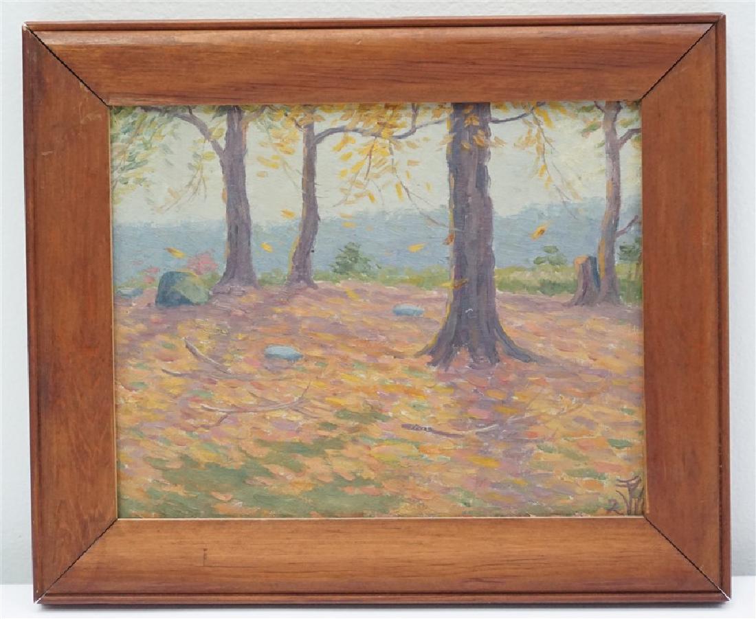 JACOB S ROYER 1920 NEAR SUNDOWN: 1928 Oil on Artist Board "Near Sundown" by Jacob S. Royer (American, b. 1883). Painted near the Nine Mile Creek Aqueduct in New York State. In wood frame measures 12"x10"x1". Weight 1pd. A well listed