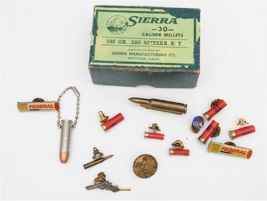 13 FIREARMS ADVERTISING TIE TACS / LAPEL HAT PINS +: 1- Six (6) Winchester Shotgun Shell Western Advertising Bullet Tie Tac Hat Lapel Pins, 2 are older enameled. 2- Vintage Remington 222 Shell Money Clip. 3- Colt Pin Tie Tac Pin Horse. 4- Colt Automatic