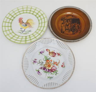 3 ANTIQUE / VINTAGE PLATES: 1- Vintage (1920-1952) Ridgways (England) Decorative 10" Plate, Coaching Days. 2- Antique Carl Schumann A.C.S. Bavaria Reticulated Floral Plate, 9 1/2" 3- Palmer Smith Collection Hand Painted Rooster