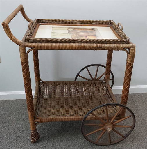 Vintage Wicker Tea Cart With Watercolor Tray