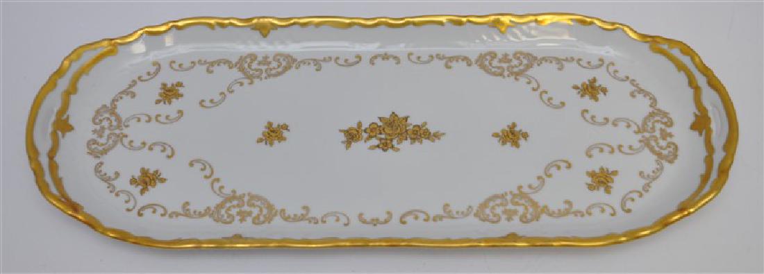 GERMAN REICHENBACH PORCELAIN 15" TRAY: Vintage Reichenbach Porcelain Factory of Reichenbach, Thuringia, Germany Tray. Measures 6" wide and 15" long, The tray has beautiful gilt enameling. Perfect for vanity top or to serve tea sandwiches o