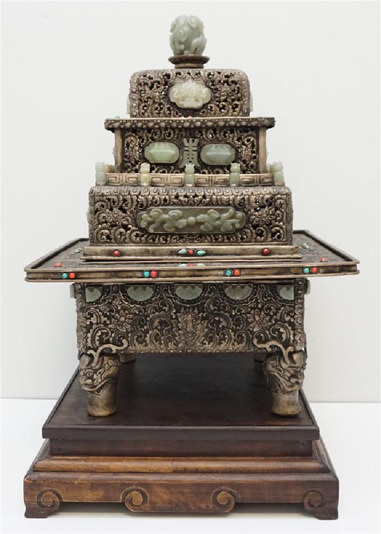 LARGE MONGOLIAN SILVER JADE CENSER (1 of 12)