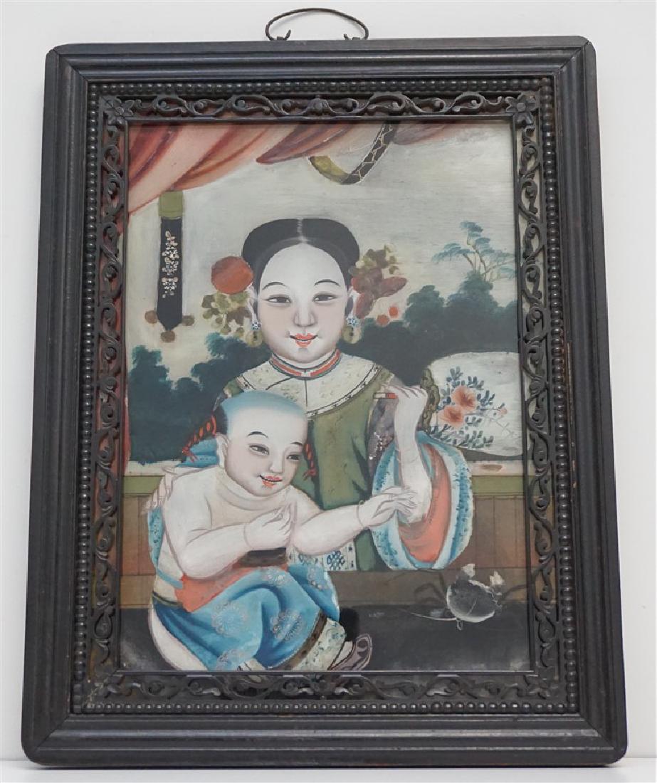 19TH c CHINESE EXPORT REVERSE PAINTING ON GLASS: Exceptional Chinese Export Qing dynasty, 19th century, Reverse Painted Glass, Mother & Child. In antique carved and pierced ornate ebonized wood frame with beading and rounded corners. Measures 14 1/2