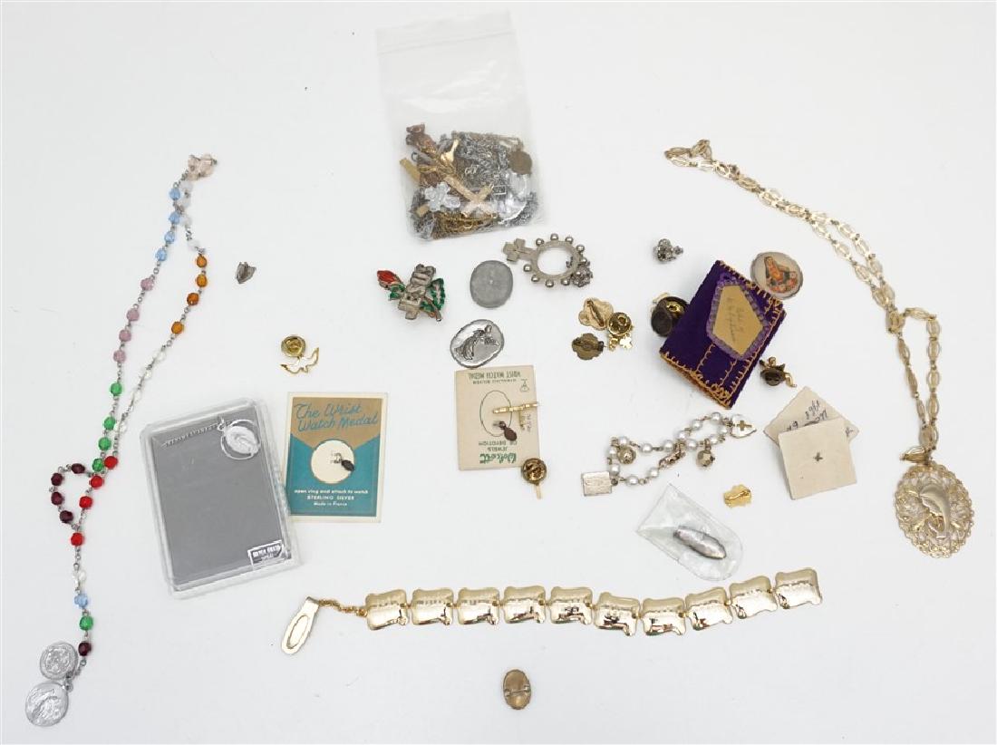 LARGE LOT CATHOLIC MEDALS-RELIC+: Large Group of 43 Catholic Pins, Crosses, Relic, Medals & More. There is a vintage relic of Saint Mary Euphrasia Pelletier. Born Rose Virginie Pelletier, was a French Roman Catholic nun, best known as