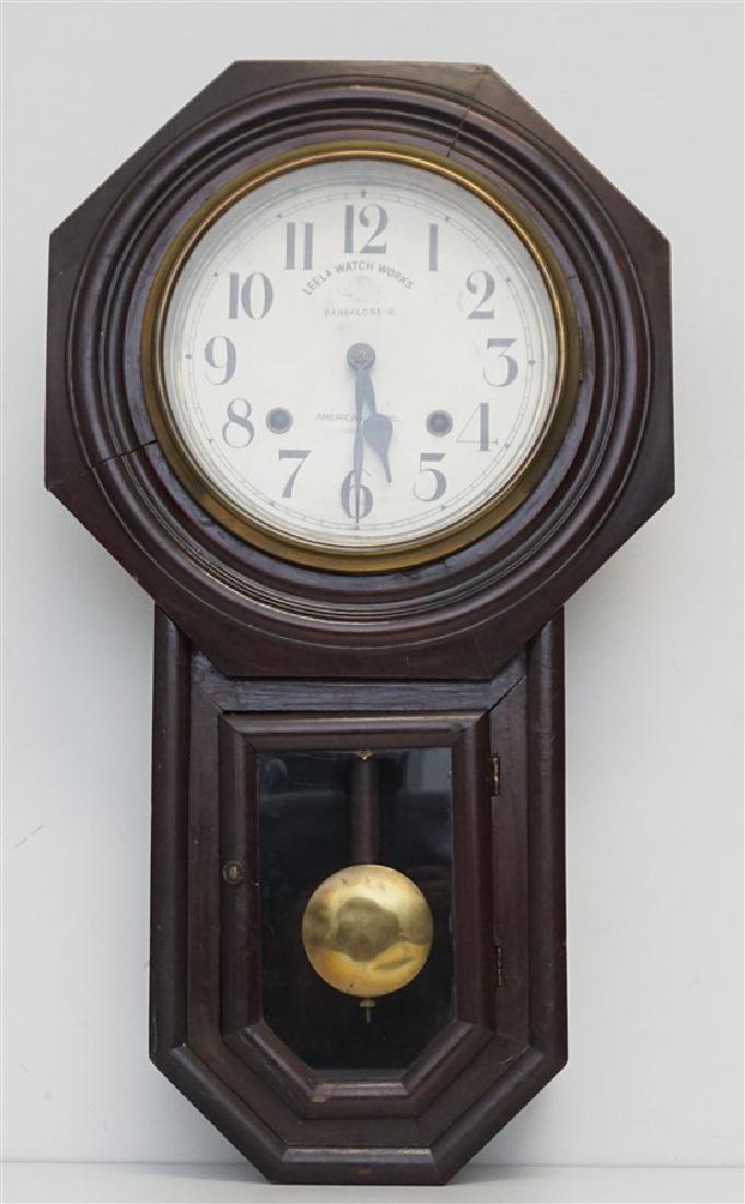 VINTAGE LEELA WATCH WORKS CLOCK: Vintage c. 1940-50s Leela Watch Works Bangalore (Bengaluru) American Model Wall Clock. Time and Strike, with original Pendulum and Key. This clock was made for the American / British Market. Clock run