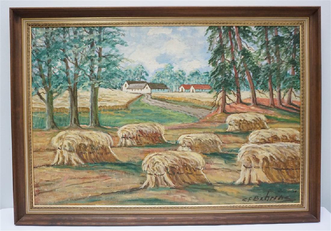 C.F. BEHRENS (1902-1979) HAYSTACKS: Large Original 20th c. Painting signed by C.F. BEHRENS (Danish/American, 1902-1979) lower right corner. Haystacks and farm. Measures 39 1/2"x28 1/2"x2" Weight 13 pds.