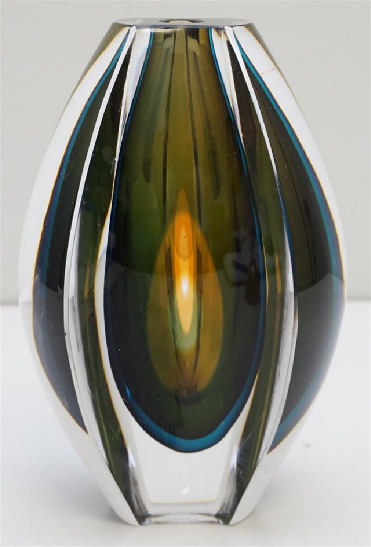 MID CENTURY "VENTANA" KOSTA VASE: A mid century drop-form Sommerso art glass vase by designer Mona Morales-Schildt from the Ventana series for Kosta Boda of Sweden, produced circa 1960s, with brilliant layered colors of green and blue