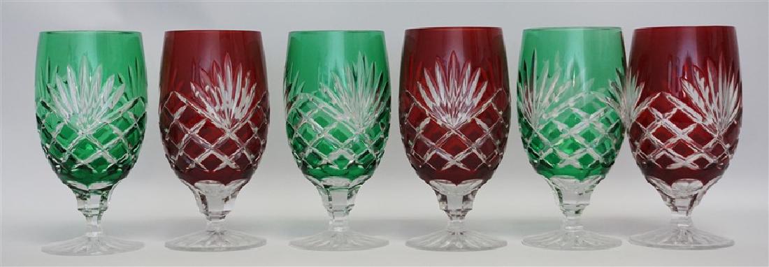 6 AJKA AMETHYST CUT TO CLEAR ICE TEA: 6 Ajka Crystal Cut to Clear "Carolyne" Ice Tea / Beverage Glasses. 3 Emerald, 3 Ruby. Each 3 "x3"x6 1/2". The founder of the Ajka Crystal Factory, Bernard Neumann, built the factory in 1878 in Ajka wh