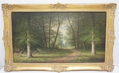 CARL C BRENNER (1838-1888 Louisville, KY) LANDSCAPE: Large Original Carl Christian Brenner (1838-1888 Kentucky) Oil on Canvas Landscape. Forest path, beech trees, in exceptional period gilt wood frame. In his lifetime, Brenner was considered Kentucky's