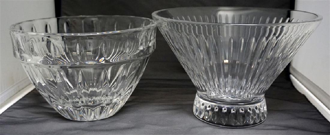 2 CRYSTAL BOWLS ROYAL DOULTON + LENOX: Two Contemporary Footed Crystal Centerpiece Bowls. 1- Royal Doulton Manhattan 9" Crystal Pedestal Bowl Vertical Cuts measures 7"x7 "x6 ". The other a Lenox Woodward Collection measures 8 1/4"x8 1/4"x5