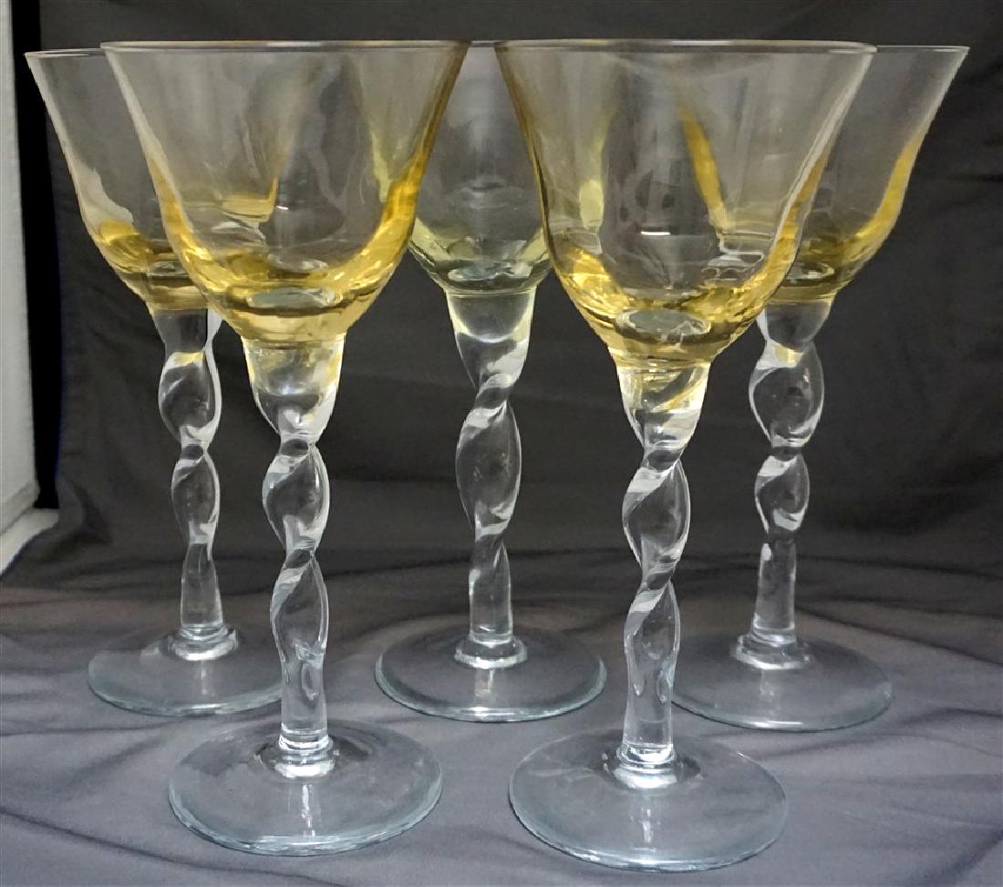 5 TALL BLOWN COCKTAIL/WINE GLASSES: 5 Contemporary Tall Blown Cocktail / Wine Glasses. Twist stems, gold paneled bowls. Each 9 1/4" tall. Weight on all 5 pds. PROVENANCE: A Charleston SC Private Estate.