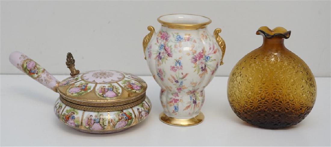 3 pc PORCELAIN SILENT BUTLER + VASES: 1- Vintage 1950s Pink & Gilded Porcelain Silent Butler / Crumb Catcher featuring courting couples pattern with Arnalt Beehive backstamp. Measures 9 1/2" long. 2- Porcelain Vase with overall floral pat