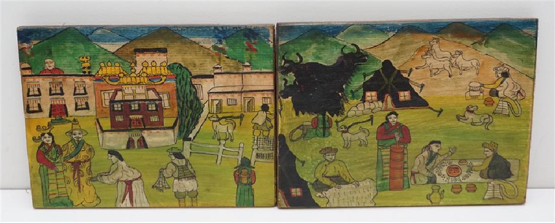 PAIR PRIMITIVE PAINTINGS ON BOARD (1 of 5)