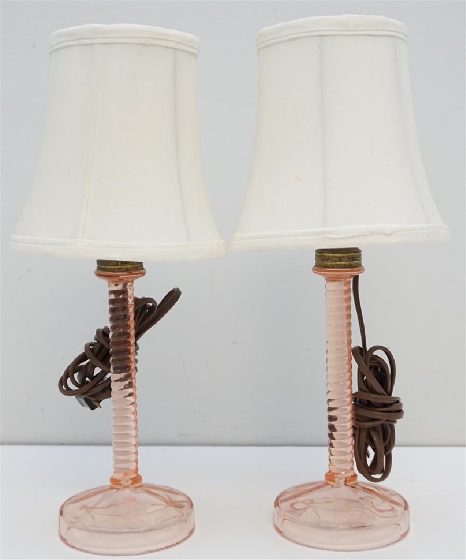 PAIR PINK ART DECO ETCHED GLASS LAMPS (1 of 4)