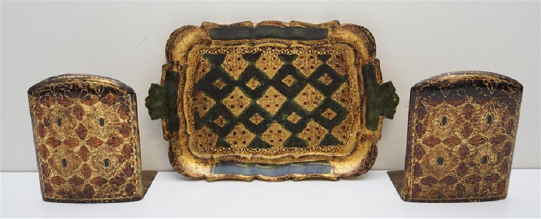 3 PC VINTAGE FLORENTINE TRAY & BOOKENDS (1 of 8)