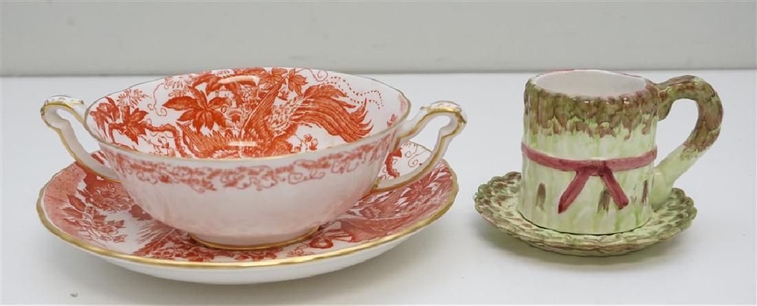 2 PORCELAIN RED AVES CREAM SOUP & DEMITASSE: Both in good condition. 1- Vintage Red Aves Royal Crown Derby Footed Cream Soup Bowl and Saucer. Red Birds & Flowers, Gold Trim. Good condition. Cup 6.50x5x2. Saucer 6.25x6.25x1. 2- Hand Painted for S