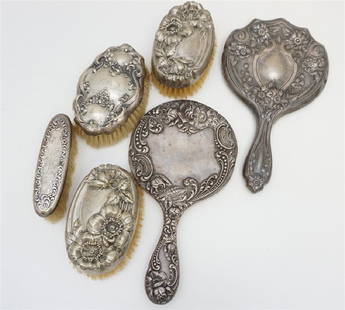 6 PC AMERICAN STERLING SILVER ART NOUVEAU: Six Piece Antique American Sterling Silver Art Nouveau Brushes and Mirrors. Hope Silver Co., Simon Brothers, Webster, R. Blackinton. Weight on all 2 pds 2 oz. PROVENANCE: A Charleston SC Private