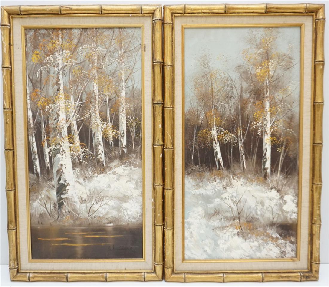 2 MID CENTURY BIRCH TREES PAINTINGS: Pair of Vintage Mid Century Oil on Canvas Paintings c. 1960. One is signed Wallace. In matching faux bamboo Gilt Frames. Each 16"x27-1/2"x1". Weight combined 6 pds 12 oz. PROVENANCE: A Charleston SC P