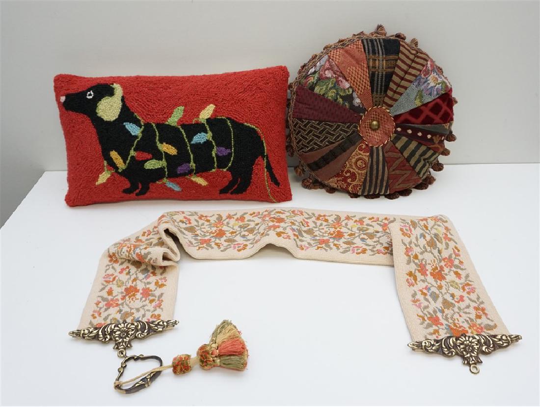 3 pc NEEDLEPOINT BELL PULL - DOG PILLOW + (1 of 6)