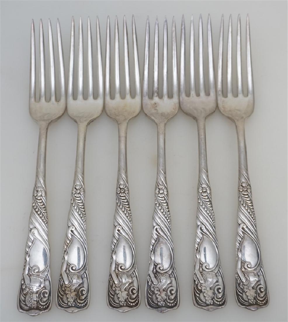 6 ROGERS BROS A1 SIREN 1891 DINNER FORKS: Six (6) 1847 Rogers Bros A1 Silverplate "Siren" 1891 Dinner Forks. Each 7 1/2". No monograms. Weight 11 oz. PROVENANCE: A Private Charleston SC Estate.
