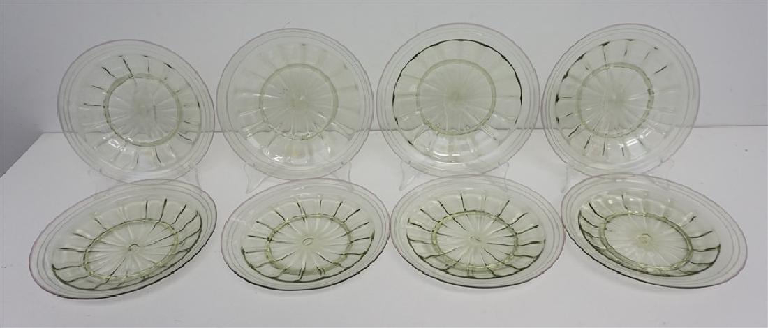 8 HAND BLOWN GREEN VENETIAN PLATES: Eight (8) Hand Blown Venetian Crystal Dessert Plates. Green with fluted pattern. Each 7 3/4"x7 3/4"x1" tall. Weight on all 3 pds 9 oz. PROVENANCE: A Private Charleston SC Estate.