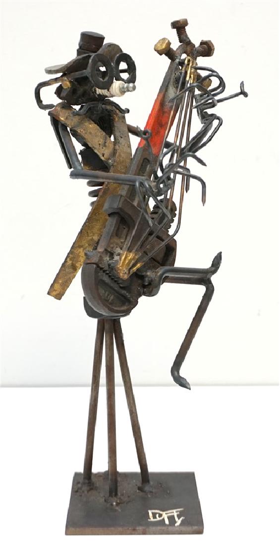 JOHN DUFFY WHIMSICAL SCULPTURE: Signed Vintage John Duffy nuts and bolts whimsical musician sculpture. Southern California native John Duffy started to construct these pieces back in the 1950's, recycling nuts and bolts into objects