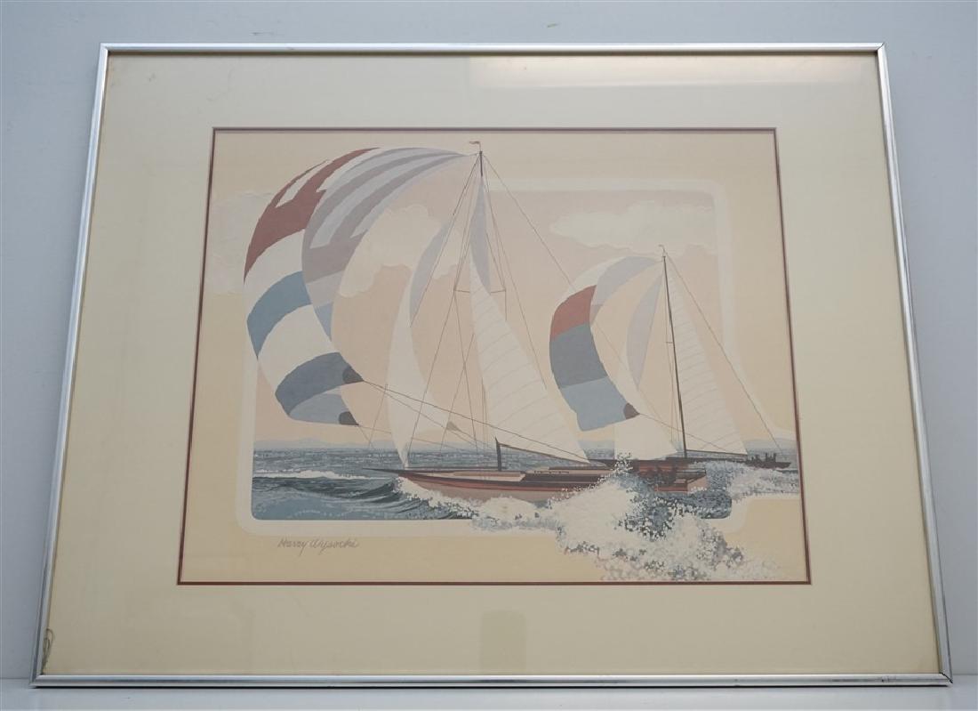 REGATTA HARRY WYSOCKI FRAMED: A vintage pulp paper lithograph titled Regatta by Harry Wysocki. This print depicts a pair of sail boats with billowing sails on the sea with the wake spilling over the mat. The piece is signed in pla