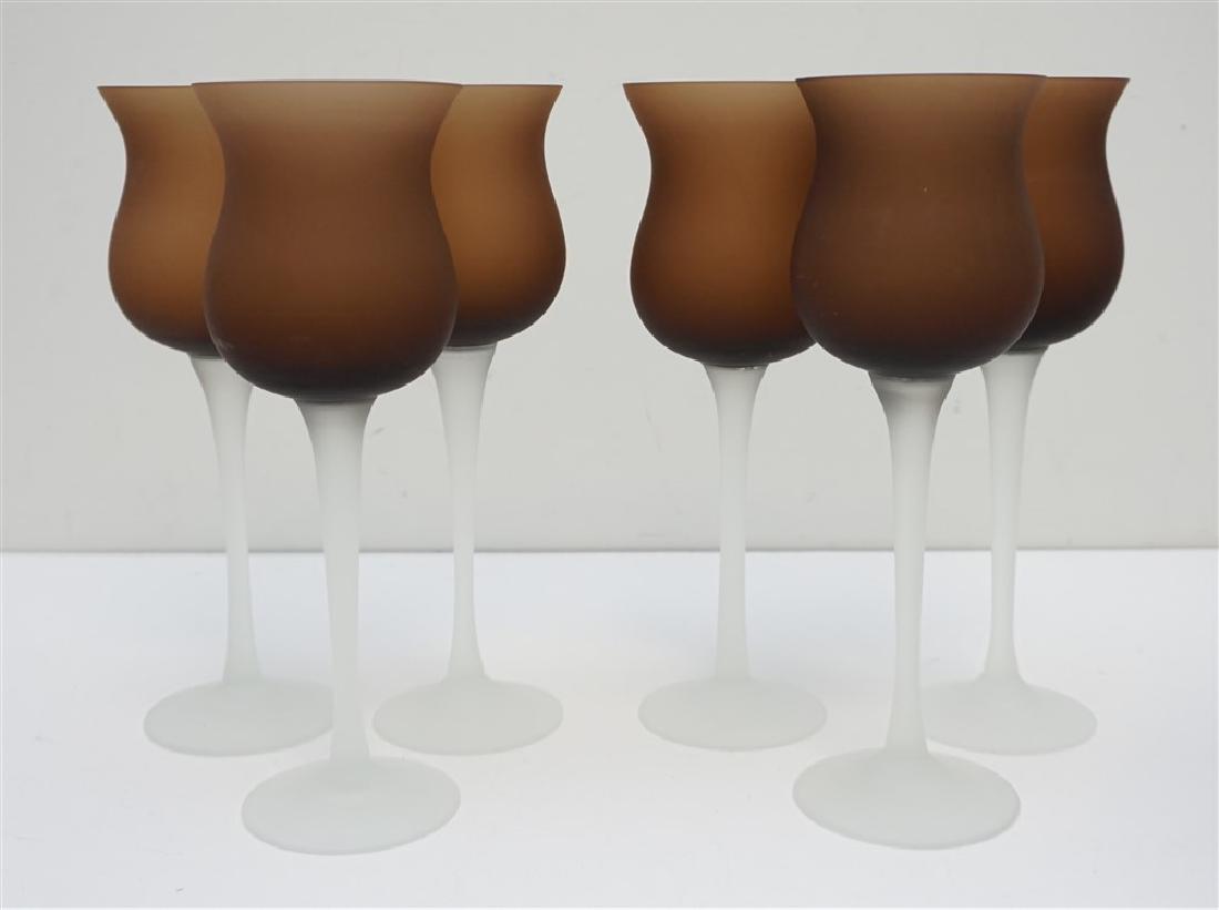 6 FROSTED WINE GLASSES- BROWN: 6 Tall Frosted Wine Glasses. Frosted stems with brown Frosted bowls. Each 10 1/2" tall. Weight 5 pds. PROVENANCE: A Pawleys Island SC Estate.