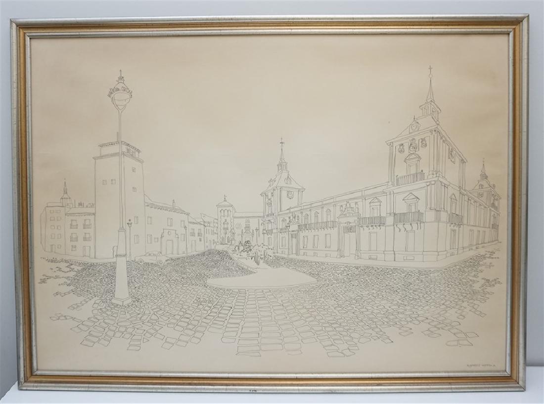 RAFAEL ALVAREZ ORTEGA (1927-2011) PEN & INK: Original Rafael Alvarez Ortega (1937-2011) Pen and Ink Spain. City Square. In frame measures 41"x30"x1". Weight 12 pds. **Pickup only or Shipping on furniture offered through Outward Bound 413-854-367