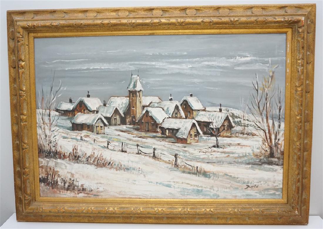 HENRY BERTE FRENCH VILLAGE IN WINTER: Vintage Mid Century Henry Berte (french b.1912) Large Oil on Canvas French Village in Winter, signed by the artist lower right. In gilt wood frame. Henry Berte was born in Cap D’Antibes in 1912. Aft