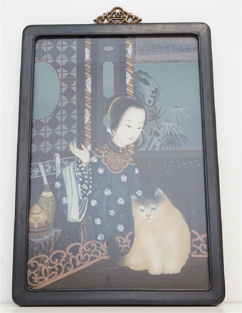 CHINESE MAIDEN W CAT REVERSE PAINTING (1 of 6)
