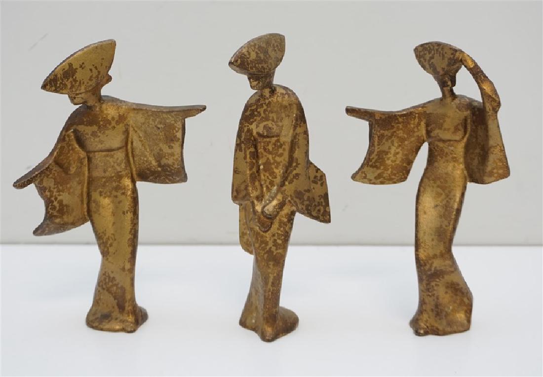3 MID CENTURY GEISHA JAMES MONT ERA: Three Classic Mid Century Japanese Iron James Mont Era Geisha Dancers. Patinated, Gilded and Distressed Brown Finish, Each approximately 7" tall weight 3 pds 12 oz. PROVENANCE: A Pawleys Island SC Pri