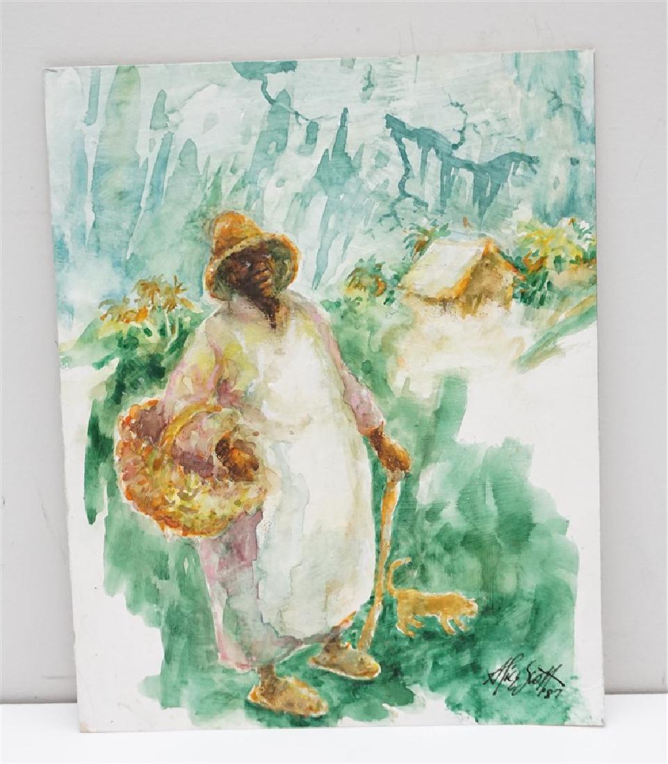 ALICE SCOTT (1924-2005) GULLAH WATERCOLOR: Original Alice Scott (1925-2005) Watercolor, Charleston Gullah Flower Lady with her Cat. Measures 8"x10". Weight 2.8 oz. PROVENANCE: A Charleston SC Private Estate. Alice Scott Scanland, who painted u