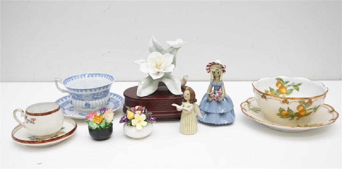 8 pc COLLECTIBLE PORCELAIN - LIMOGES +: 1- Greenleaf Crosby T&V Limoges Sauce Bowl with attached underplate in the Florida Orange Pattern. 6 1/4"x2 1/2". 2- Magnolia Blossom & Butterfly on wood music box (not working). 3- Eggshell Porcelain