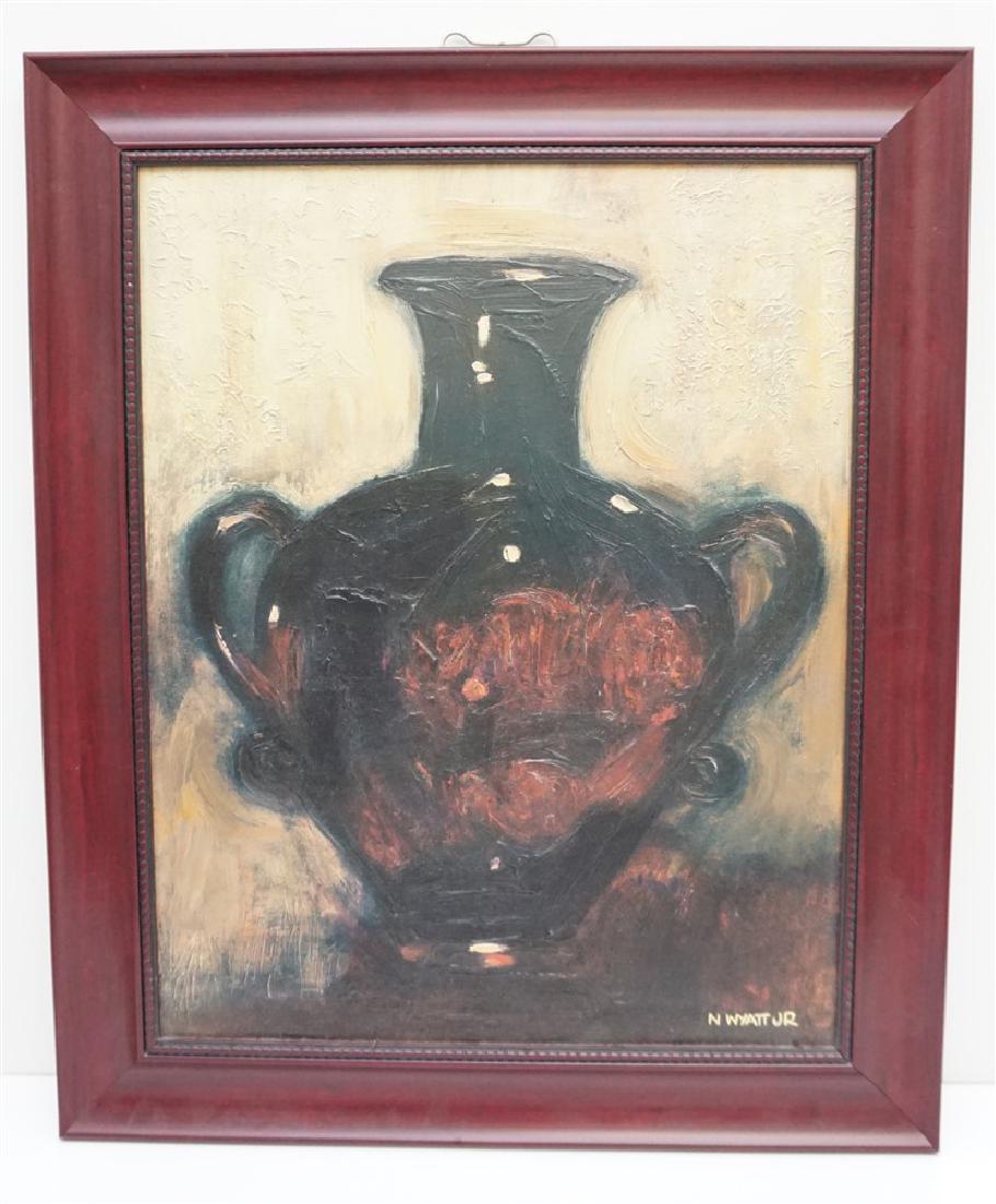 NORMAN WYATT JR ACRYLIC ON CANVAS: Contemporary Acrylic on Canvas, Vase Still Life by Virginia Artist Norman Wyatt Jr. In mahogany look frame. Measures 24"x29"x1. Weight 5 pds. PROVENANCE: A Private Charleston SC Estate. A native Virgi