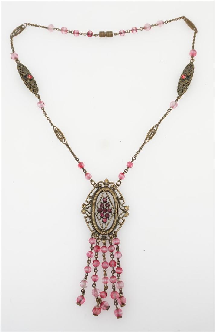 VICTORIAN CZECH GLASS NECKLACE: Victorian Czech Glass Necklace. Filigree and Pink Glass. Measures 18" opened. Weight 1.4 oz. PROVENANCE: The Private Estate of a Charleston SC/NYC Antiques Dealer