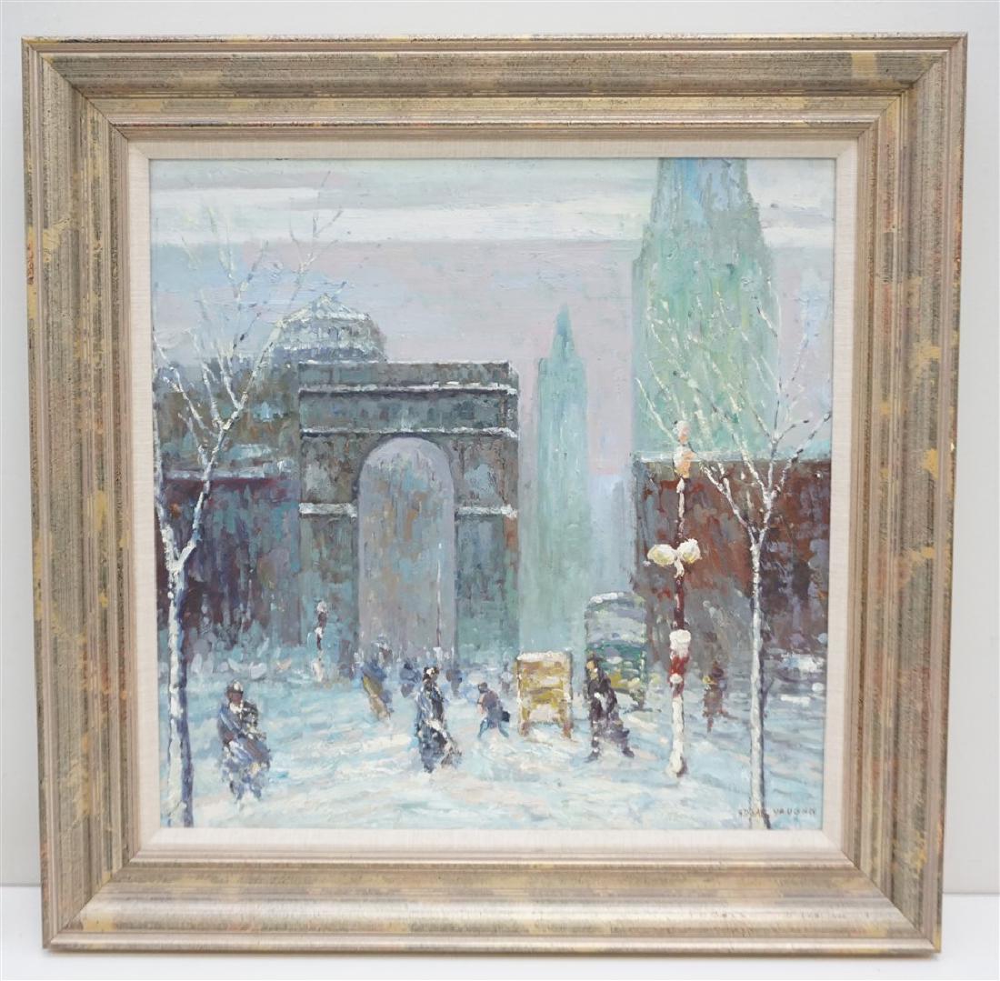 WASHINGTON SQUARE IN THE SNOW: 20th c. Oil on Canvas American Impressionist "Washington Square in the Snow" signed lower right Edgar Vaughn. Well done, in the manner of Johann Berthelsen. Gallery framed in Gilded Frame. Measures 26