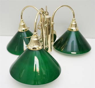 SHEFFIELD BRASS BILLIARD / POOL TABLE LIGHT.: Vintage Sheffield Brass Three Arm Billiard / Pool Table Light. Green Glass Shades. Good condition, Measures 24"x24'x13", with chainfor up to 24" drop. Weight 12 pds. PROVENANCE: A Private Charleston S