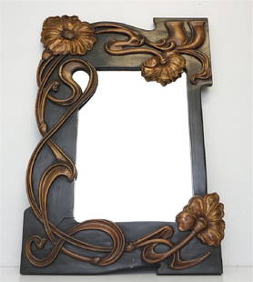 ANTIQUE ART NOUVEAU CARVED & PAINTED MIRROR: Antique French Carved Wood, Painted & Gold Leaf Art Nouveau Mirror. Measures 21"x32"x1 1/2". Weight 13 pds. With general marks, scratches, rubbed wear to gilding, shrinkage cracks and separation at jo