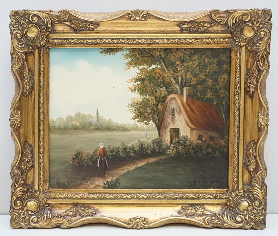 CONTINENTAL OIL ON CANVAS- COUNTRYSIDE: Original Vintage 20th Oil on Canvas, Cottage in the Country. German. Signed bottom right by the artist, M.L. Klemp. In Gilt frame measures 13 1.2"x11 1/2"x1 1/2". Weight 2 pds. PROVENANCE: A Charlesto