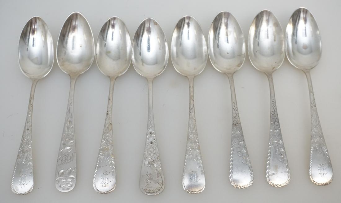 8 ANTIQUE STERLING ETCHED TEASPOONS (1 of 6)